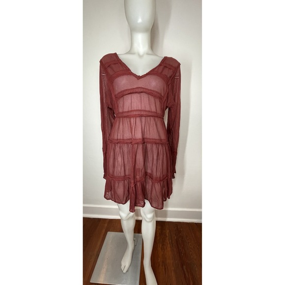Free People Dresses & Skirts - Free People Mesh Tiered Dress SZ S Berlin Maroon  Long Sleeves  (No Slip
